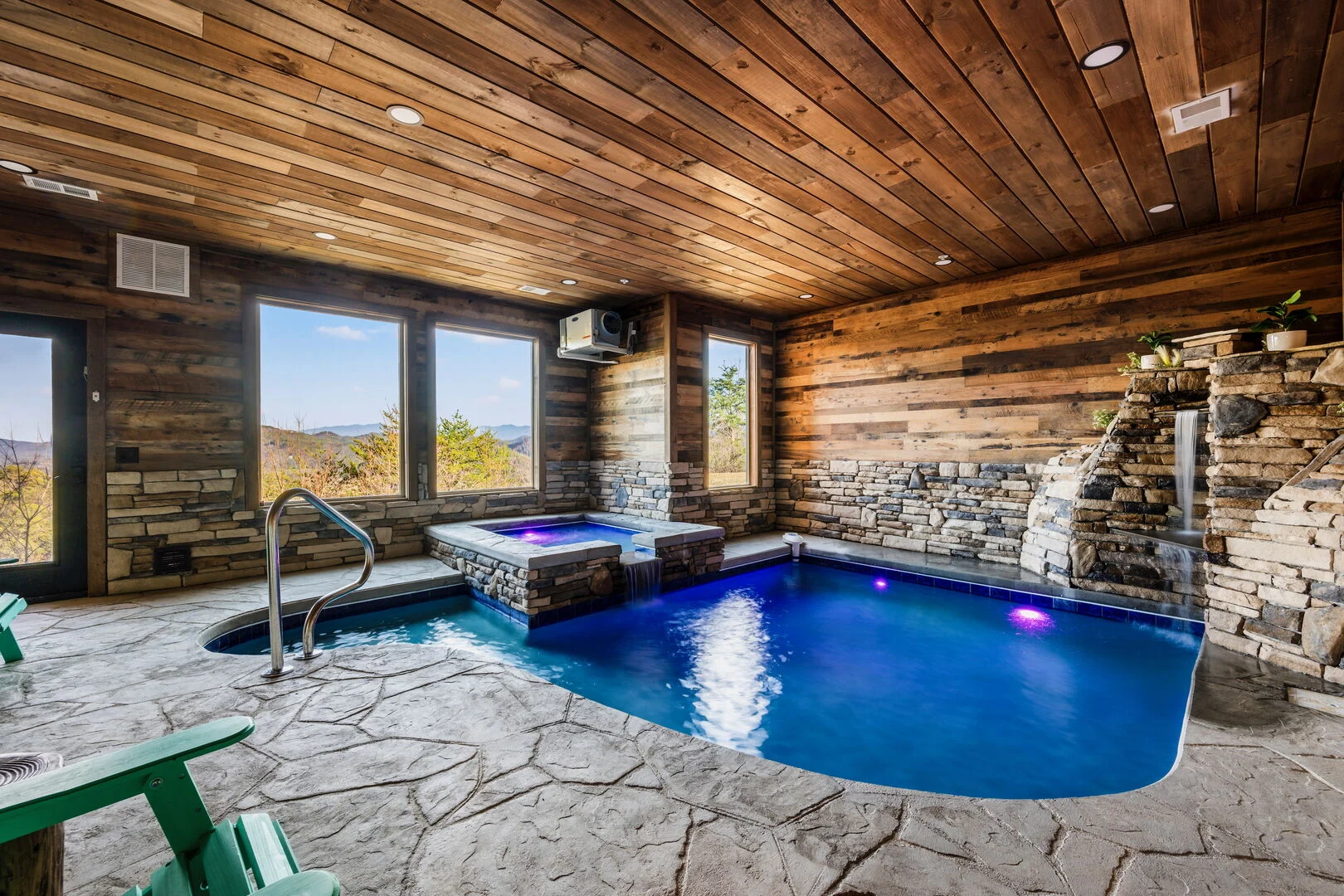 Crown Point Lodge indoor pool — new construction luxury cabin Laughing Pines near Pigeon Forge