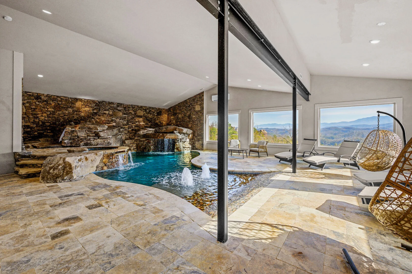 Bluff Mountain Splash custom indoor pool with mountain views — sleeps 24