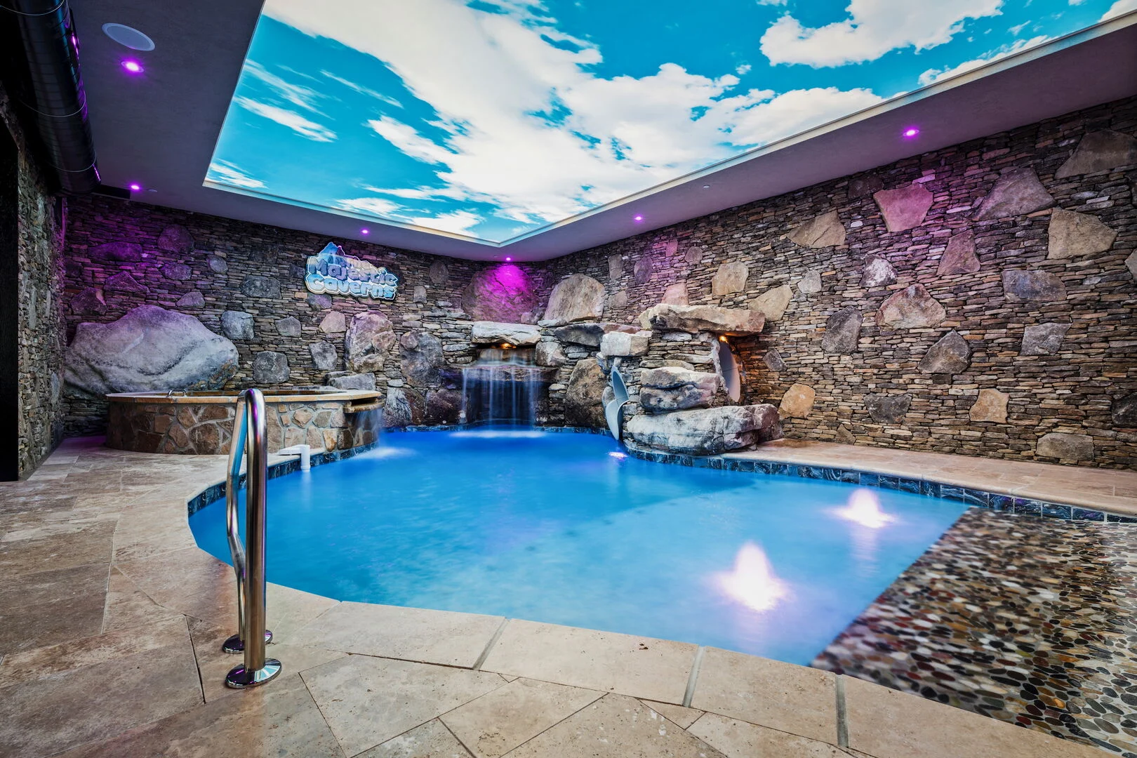 The Grande Majestic indoor pool — largest luxury group cabin pairing in Pigeon Forge
