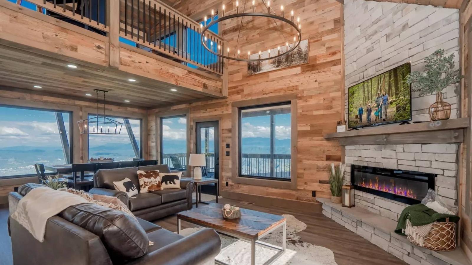Fireplace and living area overlooking mountains in Pigeon Forge
