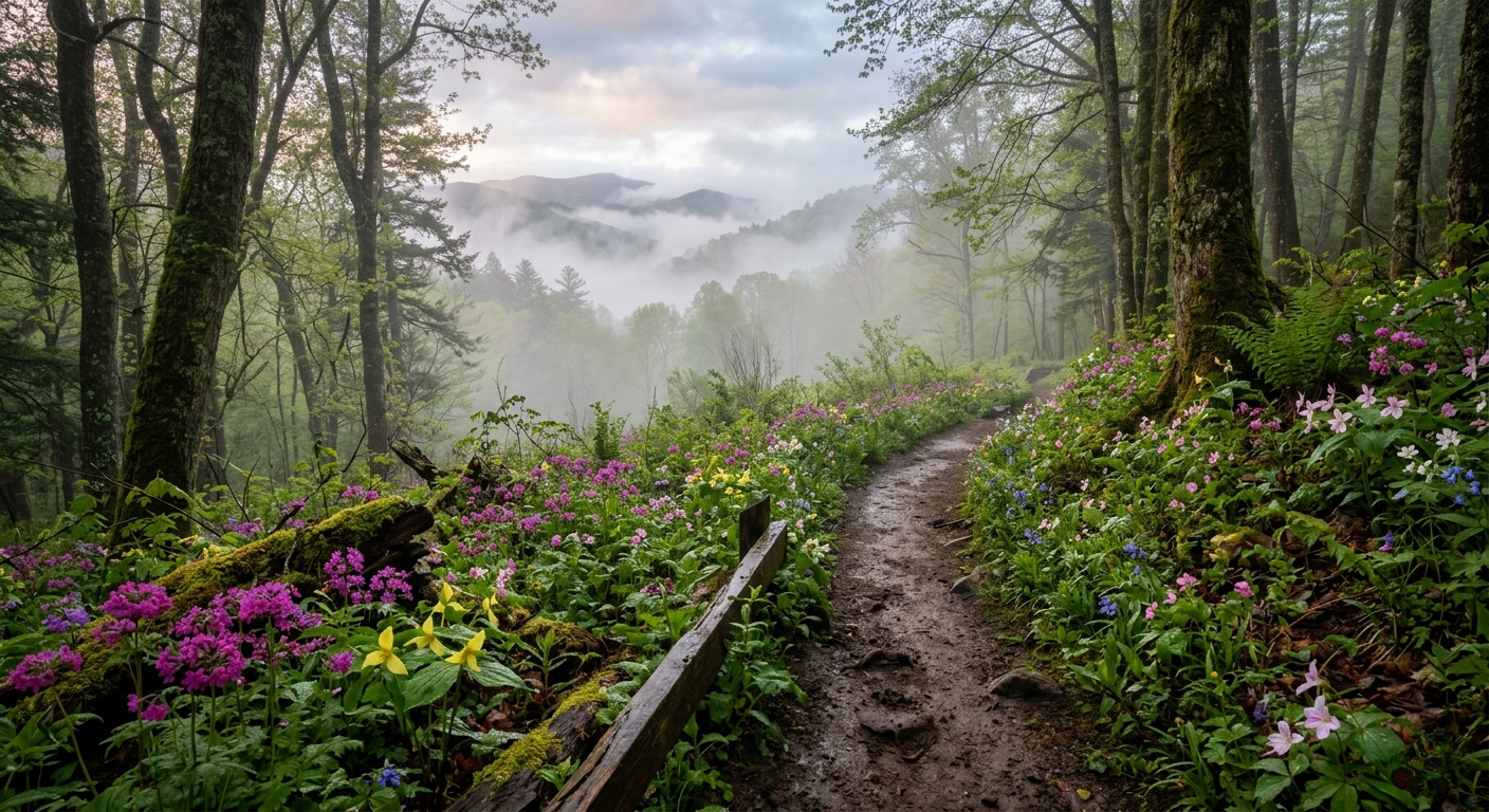 Spring wildflowers and mist in the Great Smoky Mountains