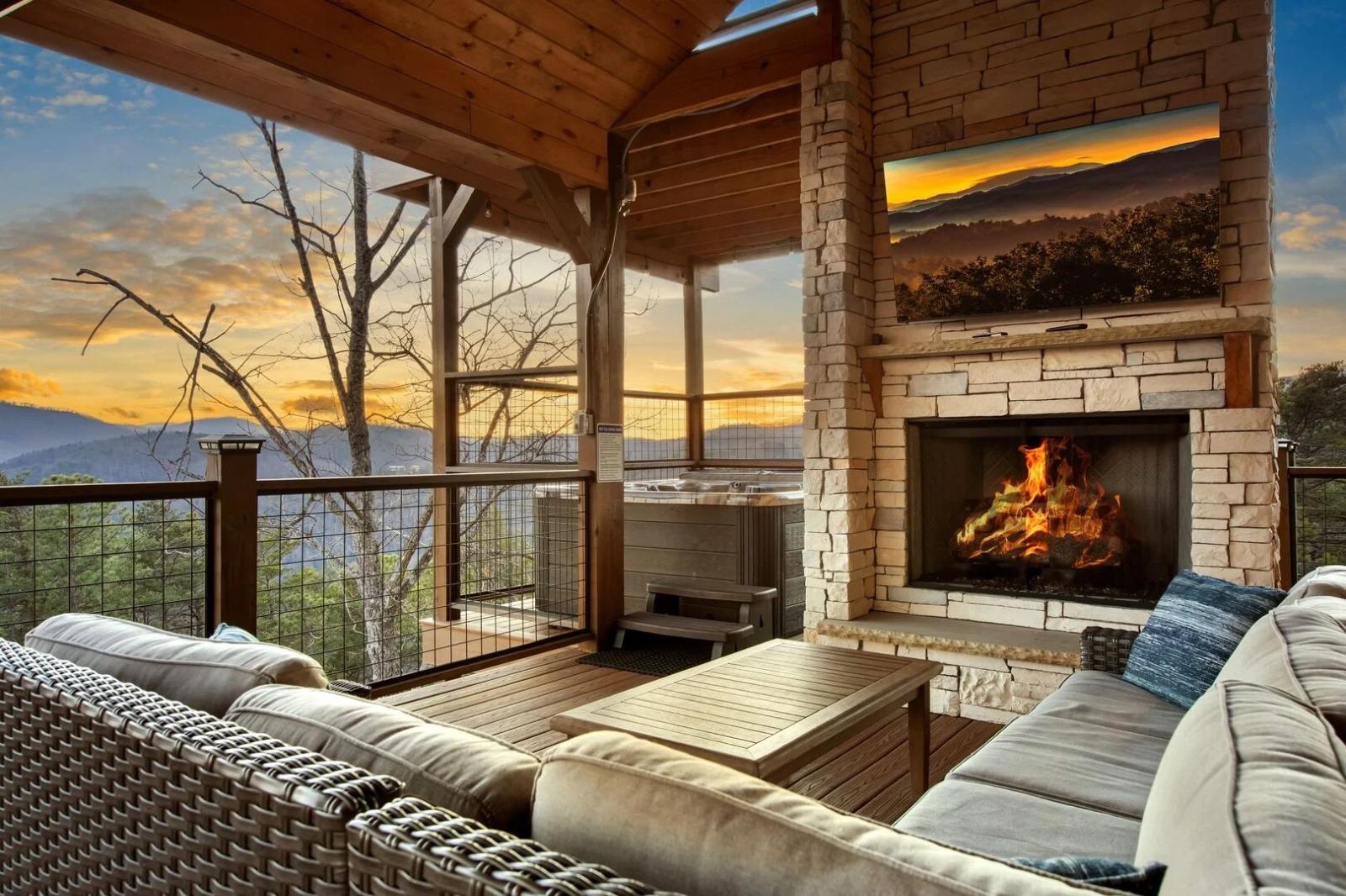 Outdoor fireplace with mountain views on deck in Pigeon Forge