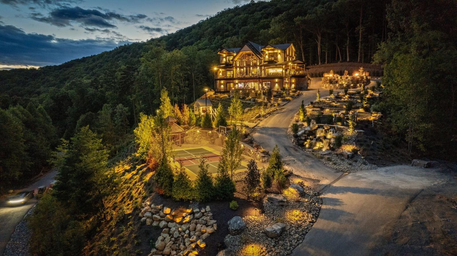 Fireplace and living area overlooking mountains in Pigeon Forge