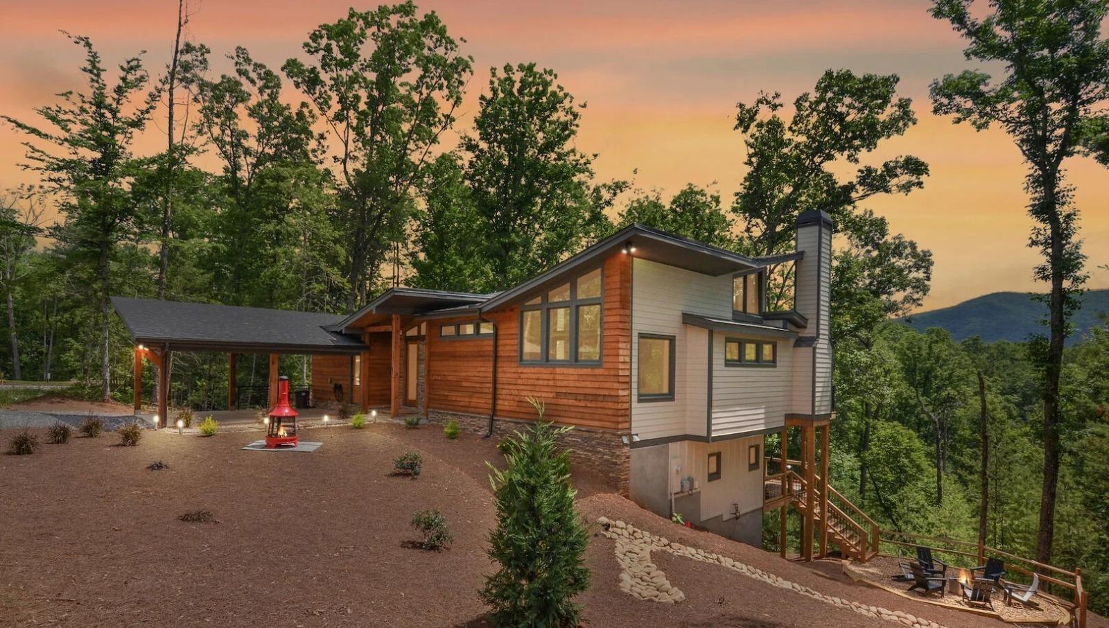 Fireplace and living area overlooking mountains in Pigeon Forge