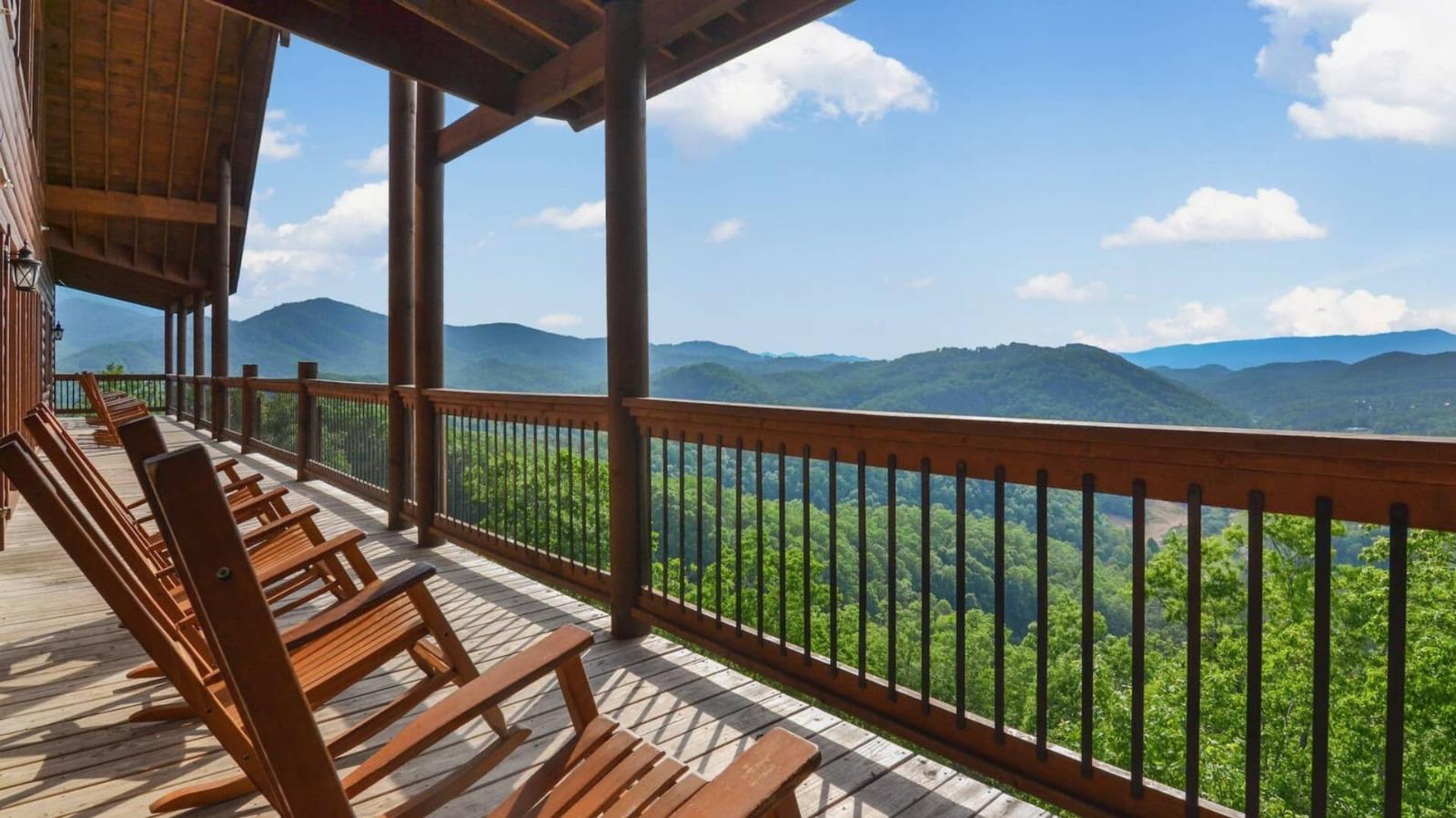 Rocking chairs on deck overlooking Smoky Mountains in Pigeon Forge